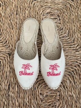 Ganni Cream Canvas Espadrille Mules with Pink Palm Embroidery